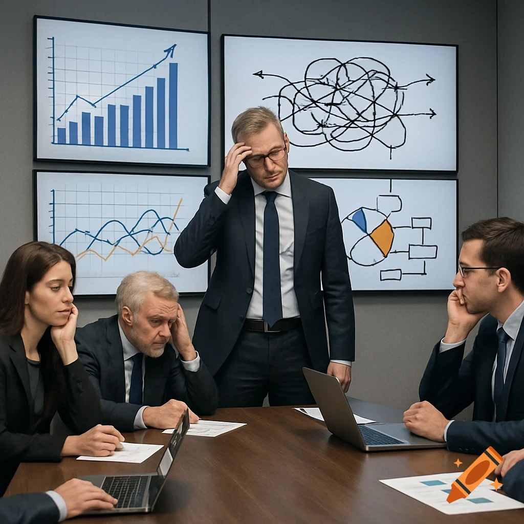 Business people in a stressful meeting room with charts on screens