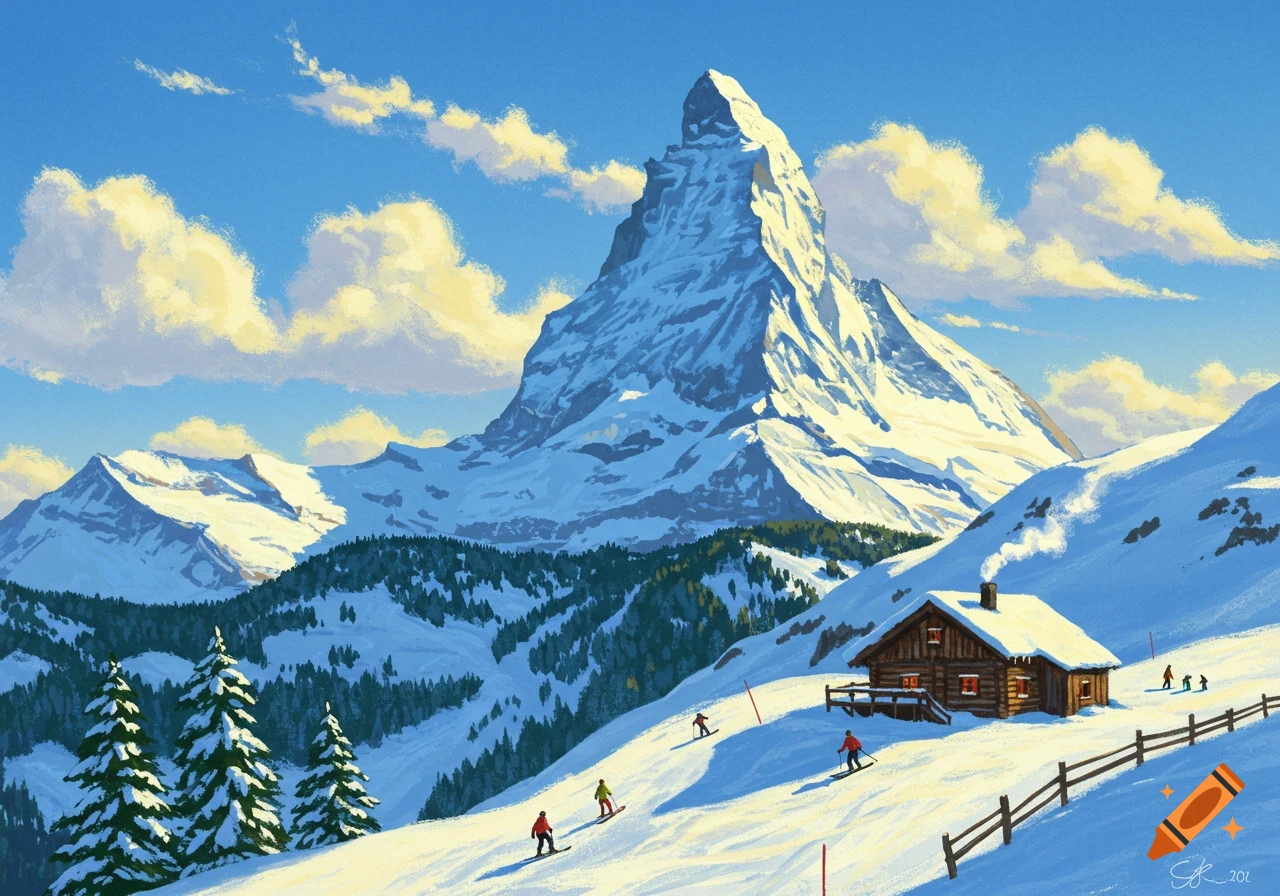 A snowy mountain landscape with skiers and a wooden cabin, in a painting style.