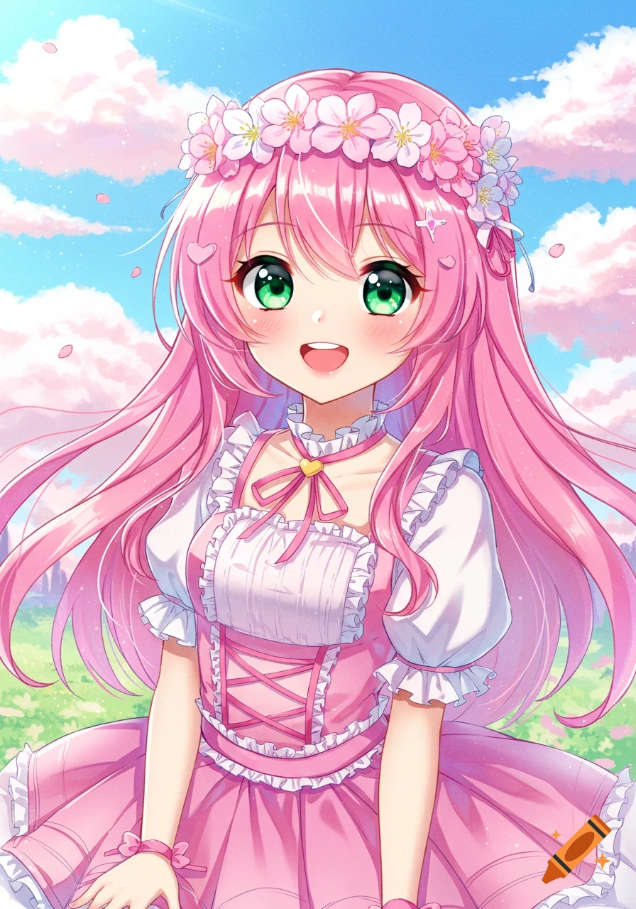 A cute anime girl with long pink hair, green eyes, and a pink flower crown smiles in a pink dress outdoors on a sunny day.