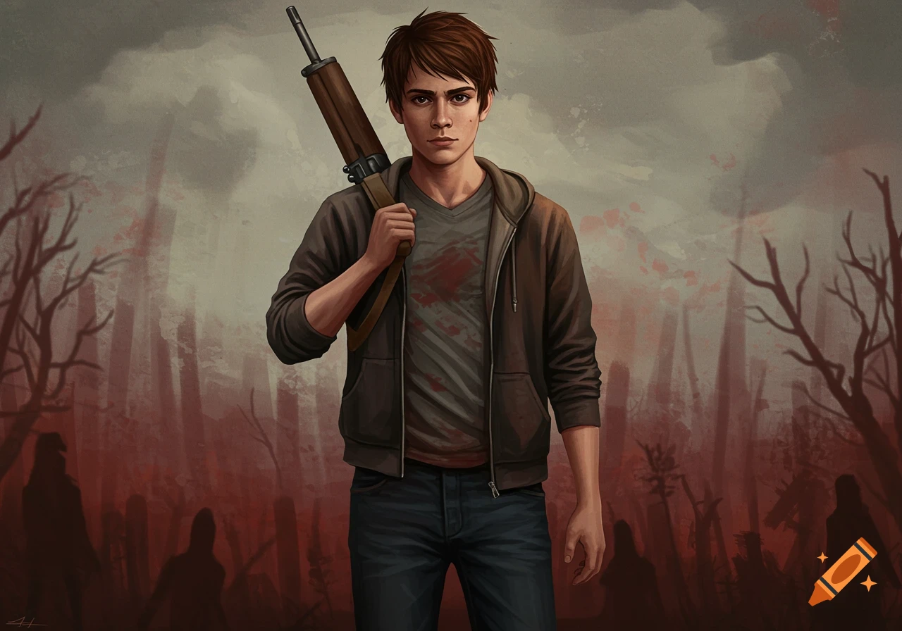 A young man with a rifle in a zombie apocalypse setting.