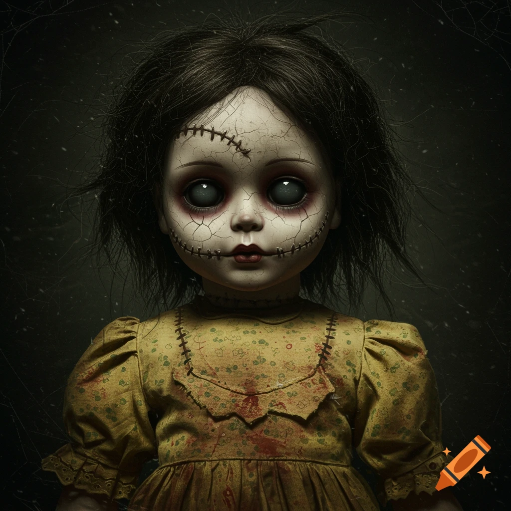 A creepy doll with stitches, cracked skin, dark eyes, and a stained yellow dress.