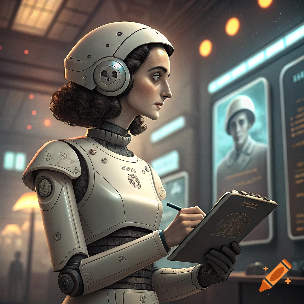 Futuristic robot woman in helmet and armor holds a clipboard in a sci-fi setting.
