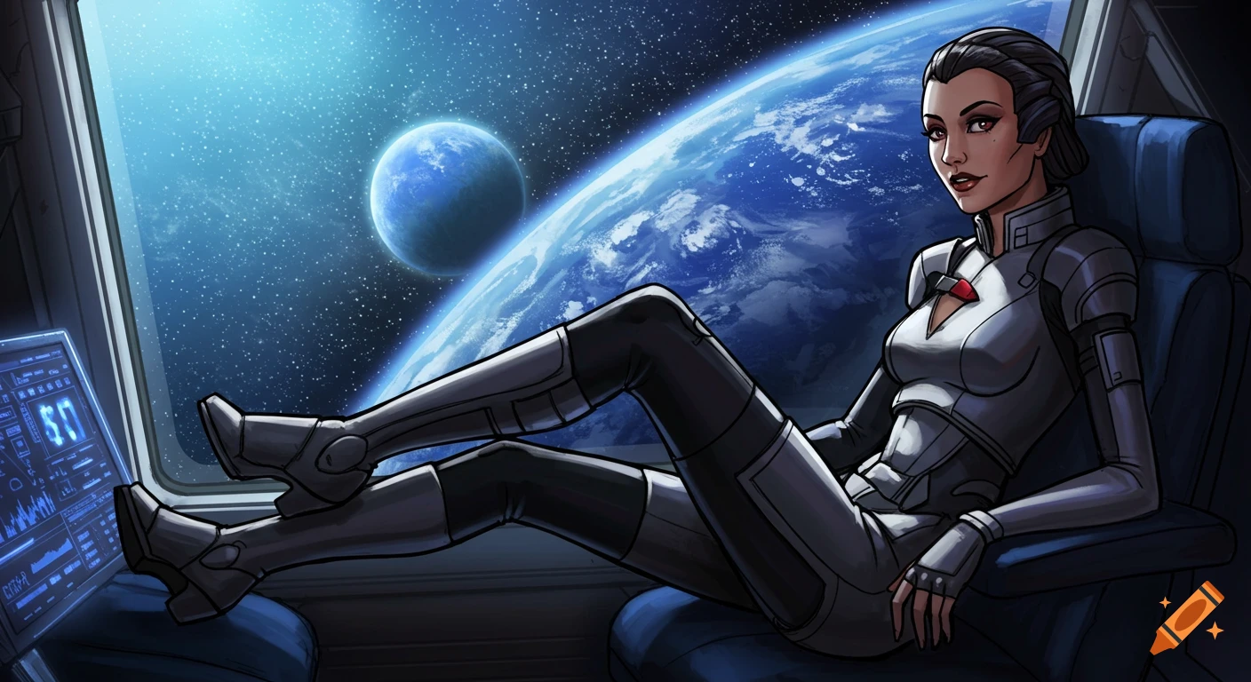 A woman in a sci-fi suit sits in a spaceship, overlooking a blue planet.