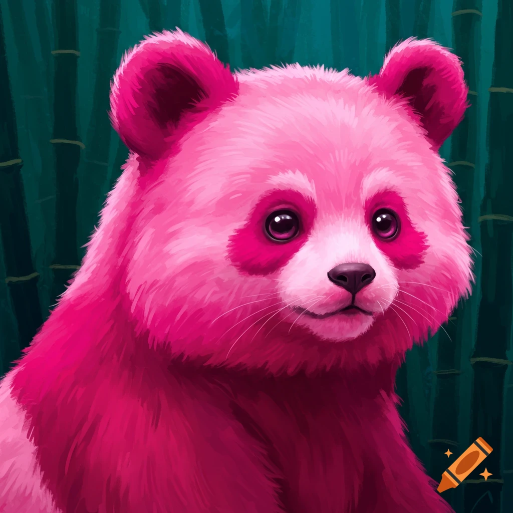 A pink panda portrait in a digital painting style, with a bamboo background.