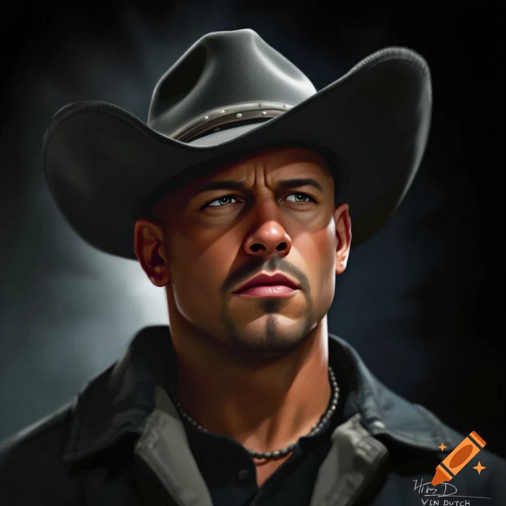A realistic portrait of a man resembling Vin Diesel wearing a cowboy hat and jacket.