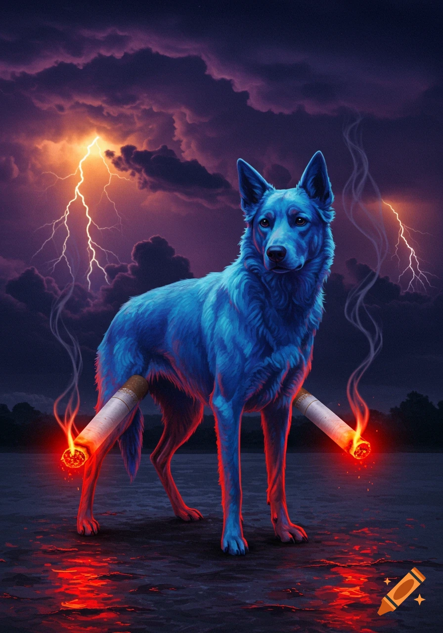 Blue dog with burning cigarettes for legs stands in water under a stormy sky with lightning.