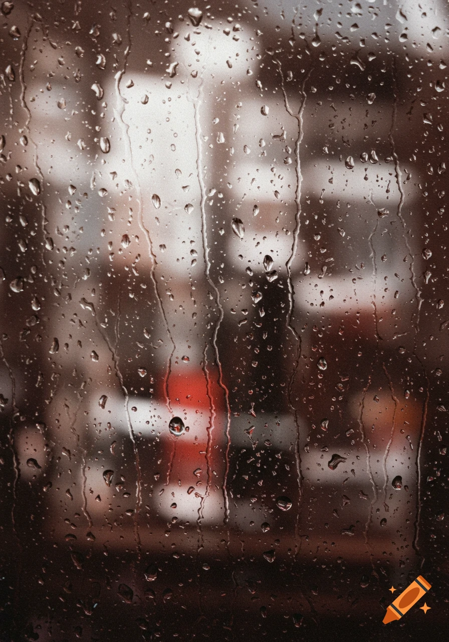 Abstract, blurry view through a wet window with water droplets.