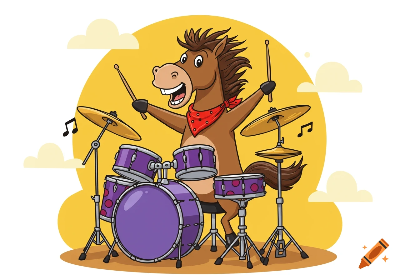 A cartoon horse plays drums.