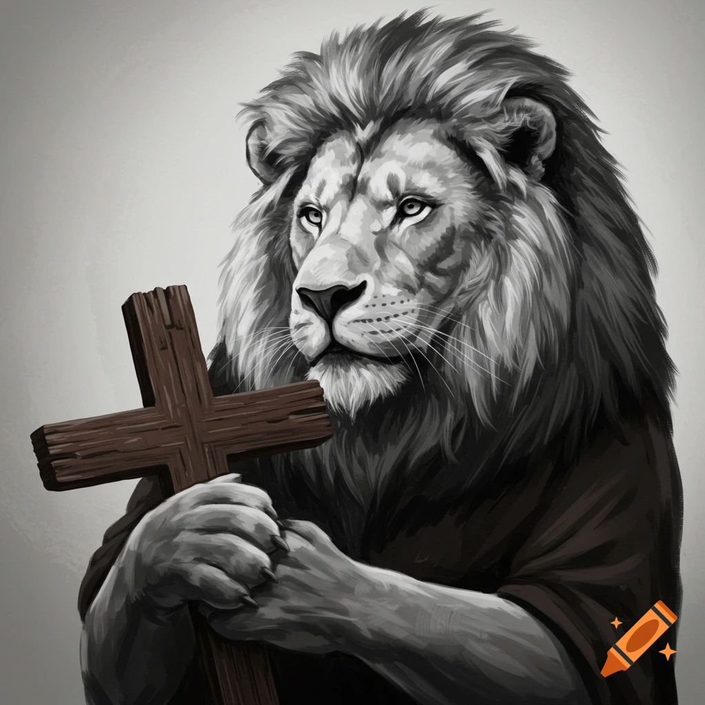 Black and white depiction of a lion holding a brown wooden cross.