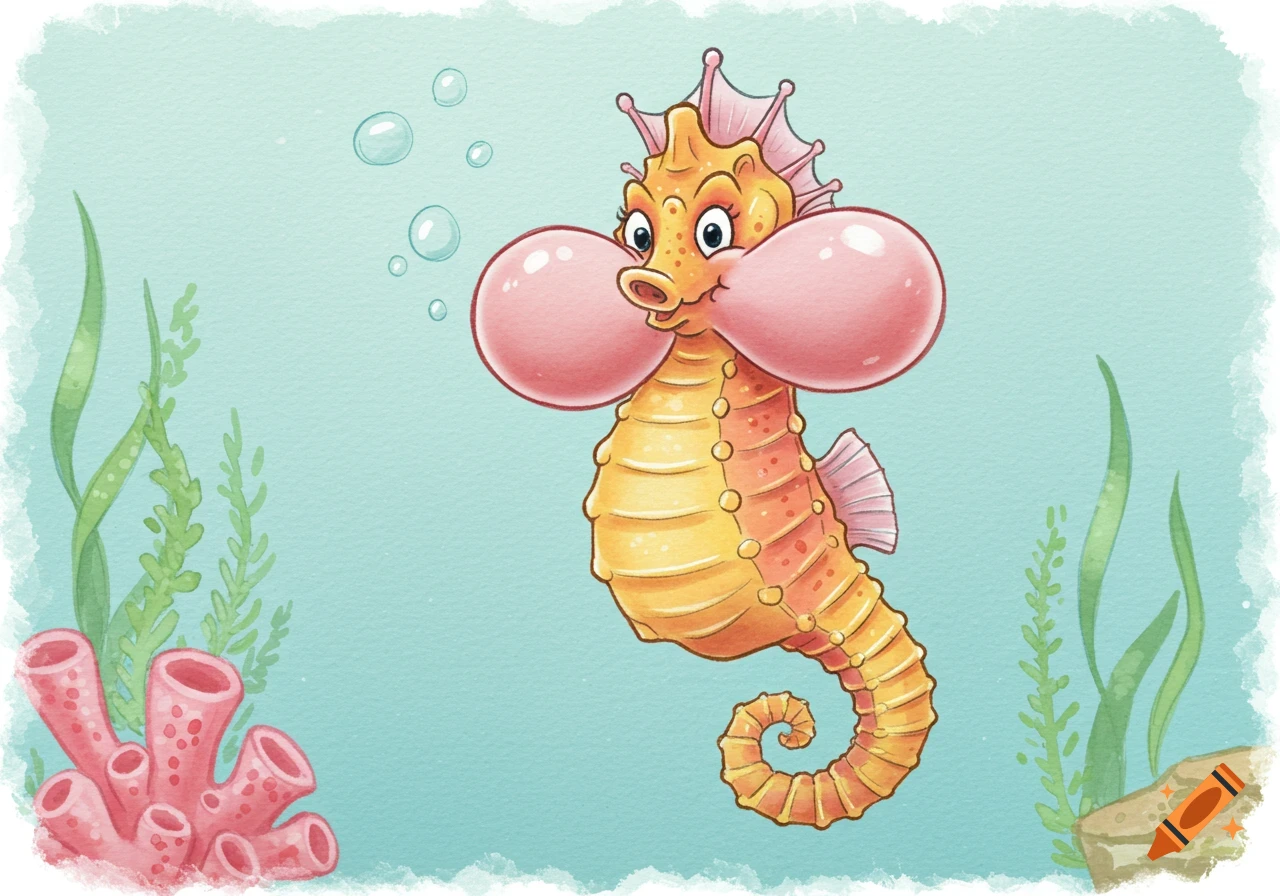 Cartoon seahorse with puffed cheeks underwater in a watercolor style.