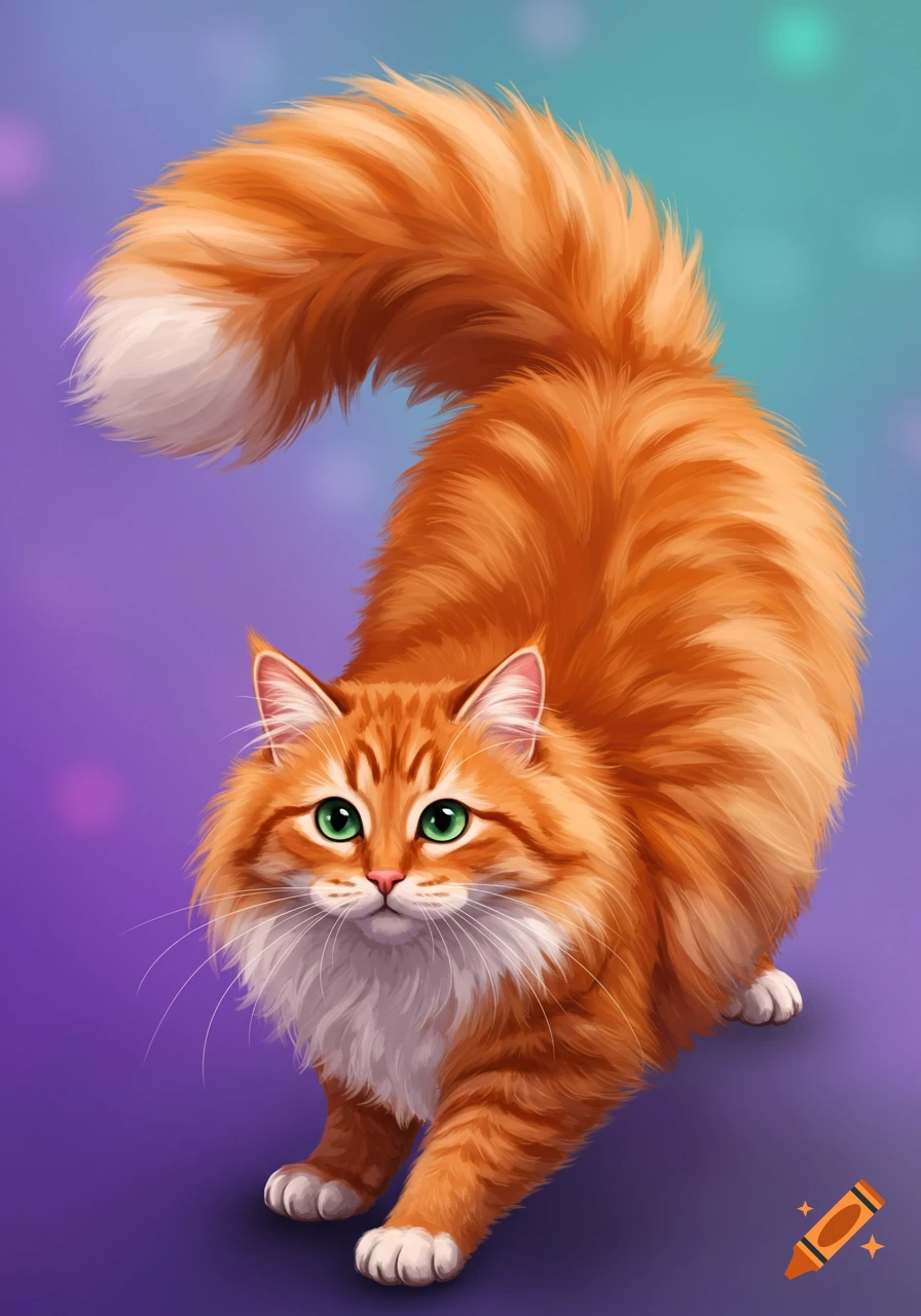 An orange fluffy cat stretches against a purple and blue background, illustration.