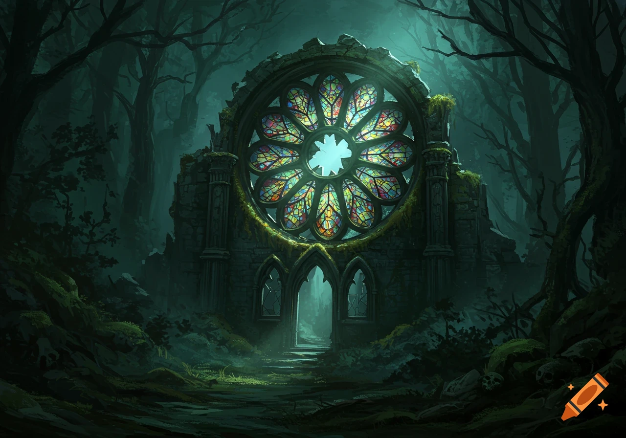 Ruined gothic structure with colorful stained glass window in a dark forest.