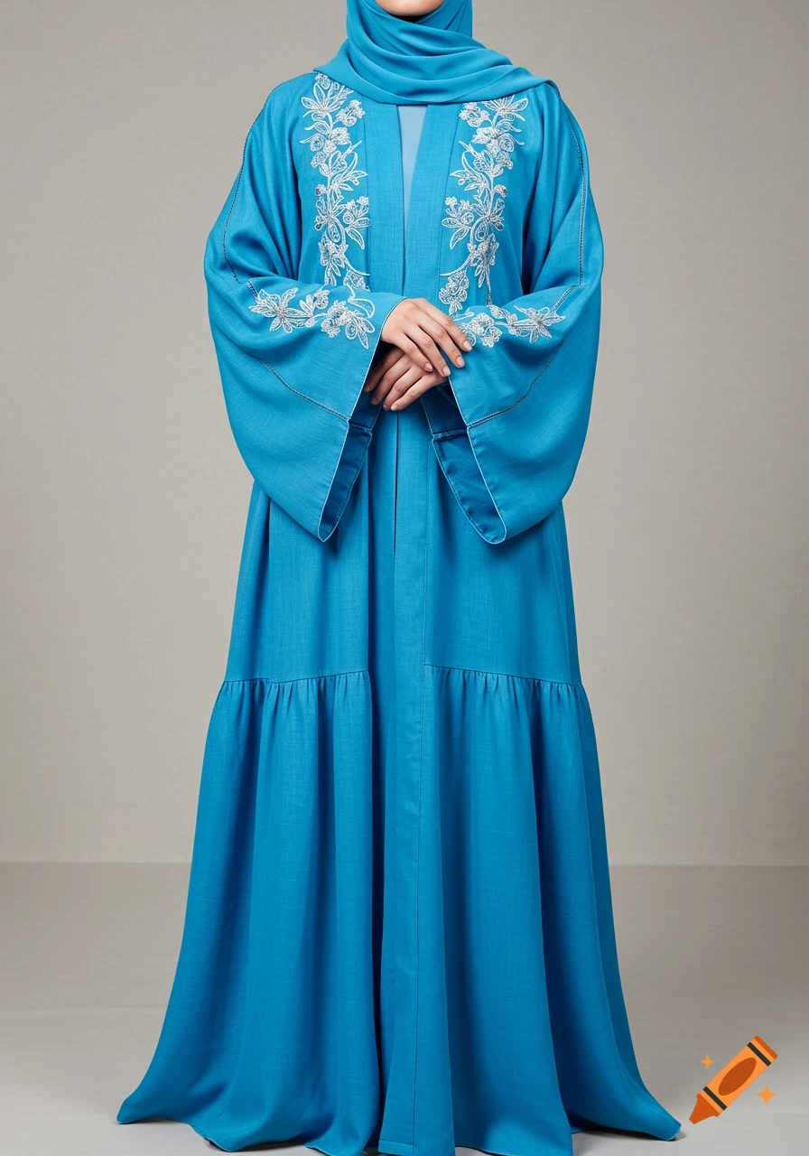 Person wearing a blue abaya with white embroidery and a matching hijab.