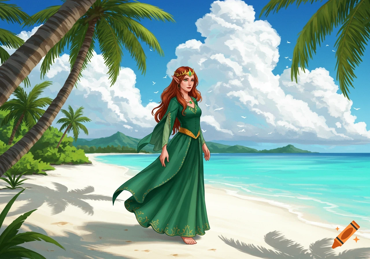 A fantasy princess on a tropical beach with palm trees.