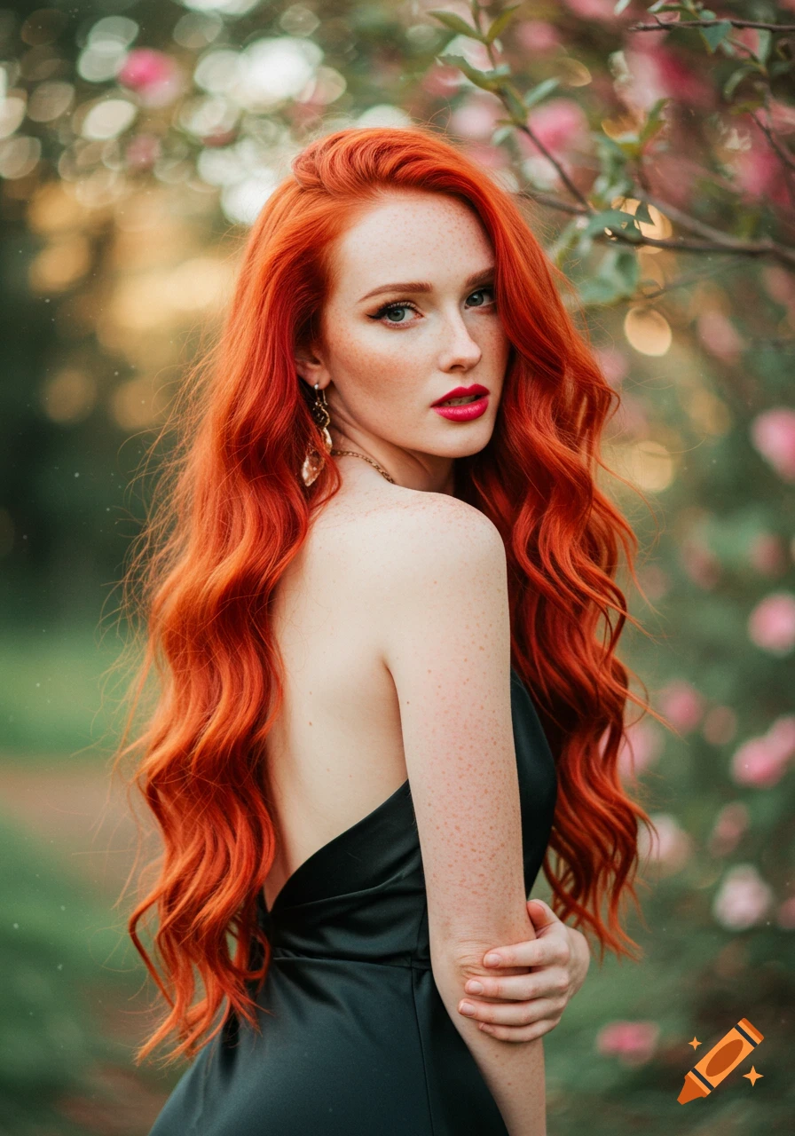 Redhead woman in black dress looking over shoulder in garden with blurred flowers