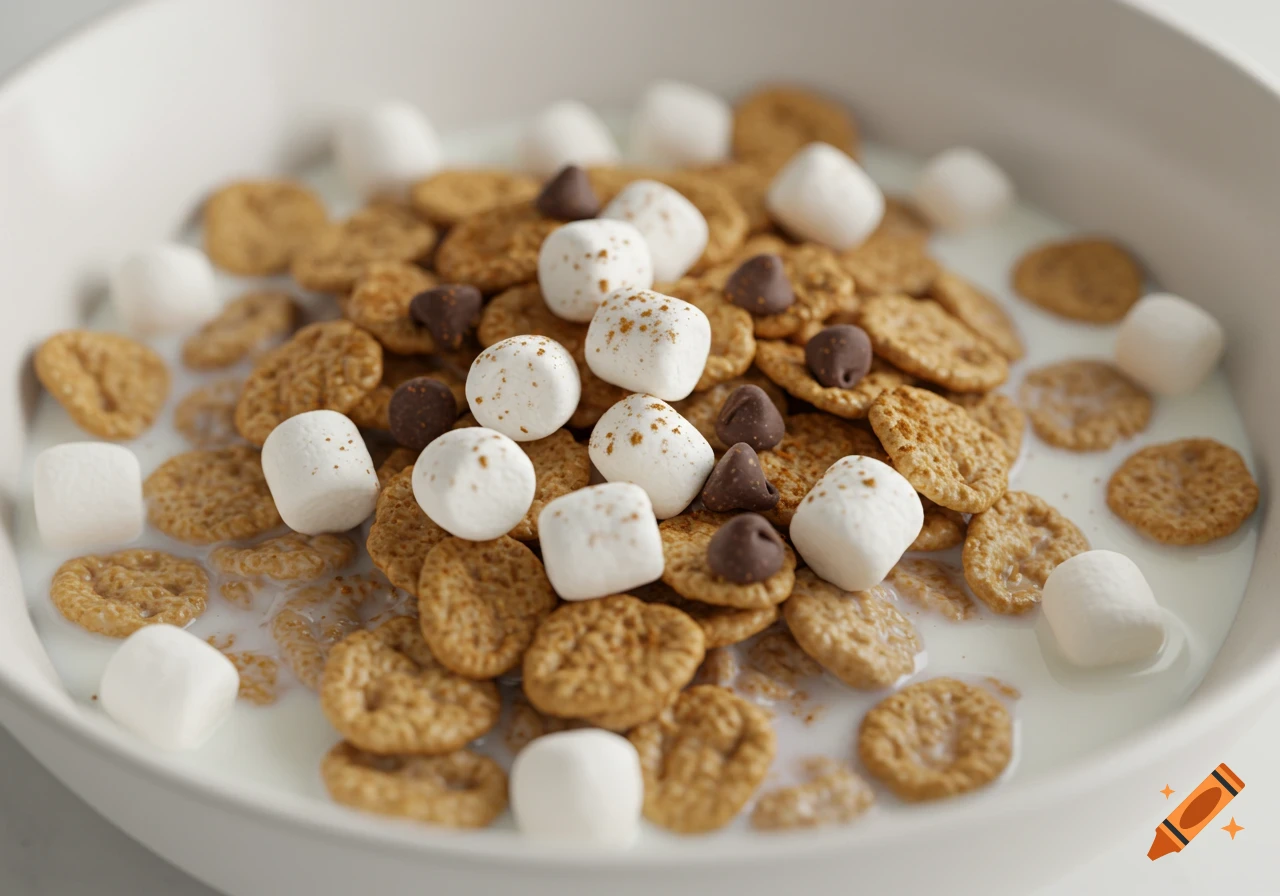 Close-up of cereal in milk with marshmallows and chocolate chips in a white bowl.