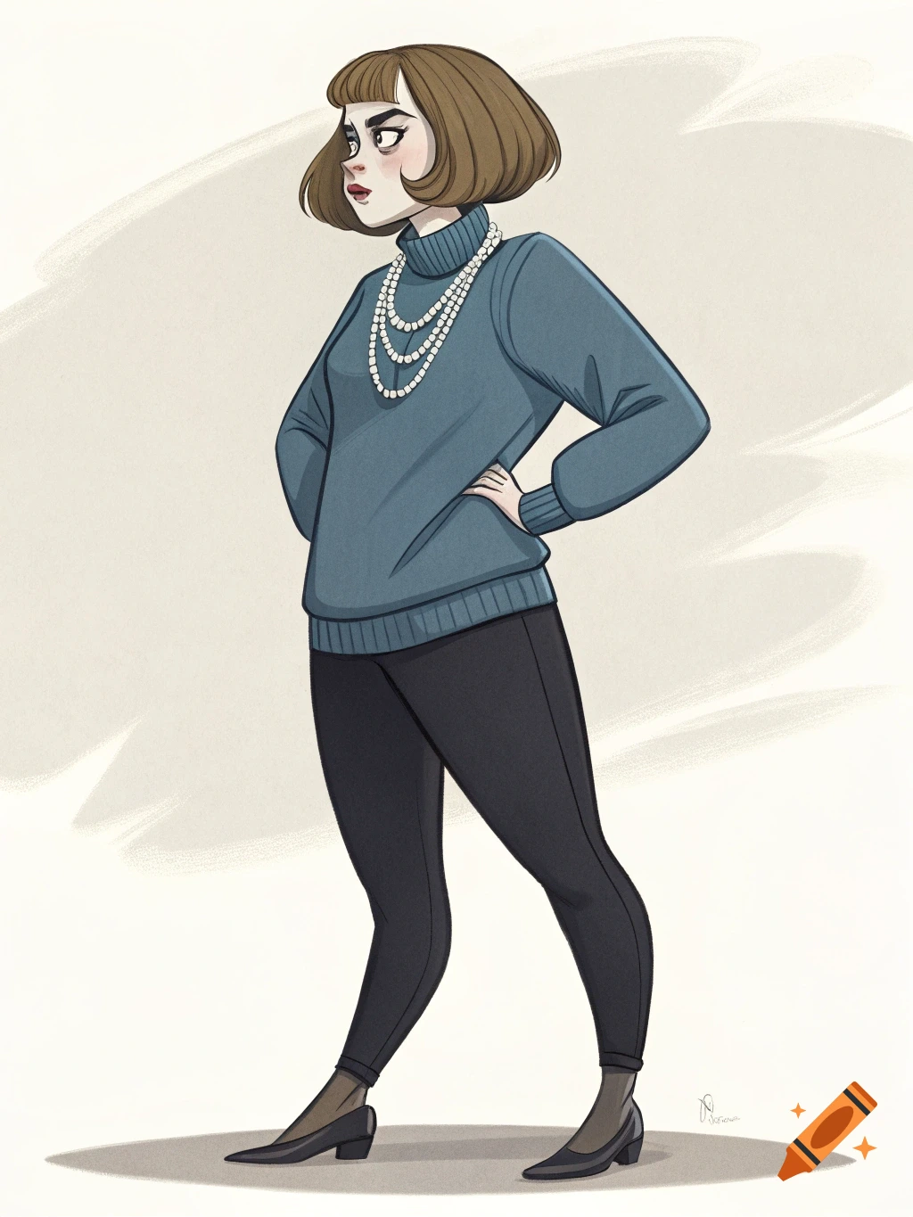 Stylized illustration of a woman with a bob haircut, blue turtleneck sweater, black leggings, and a pearl necklace, standing with hands on her hips and a stern expression.