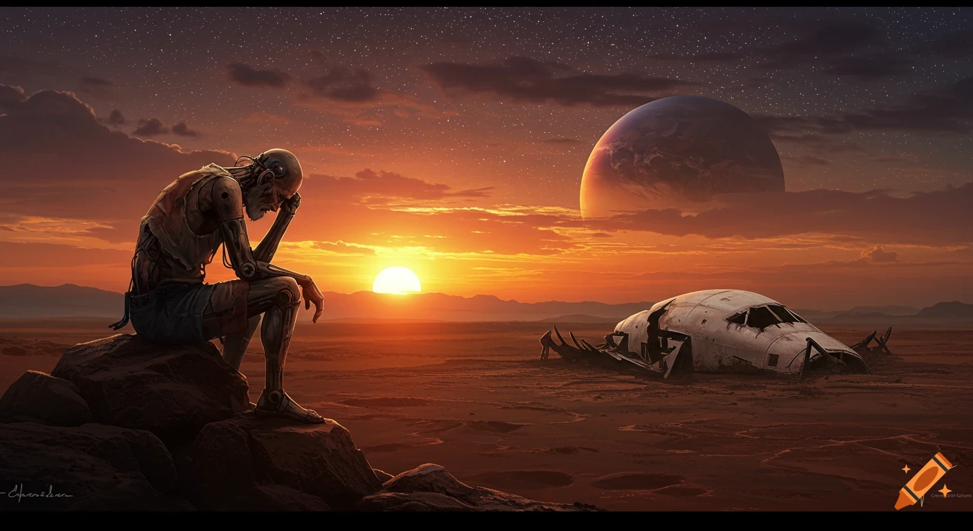 A sad cyborg sits on a rock, looking at a sunset over a desolate alien landscape with a crashed spaceship and large planet.
