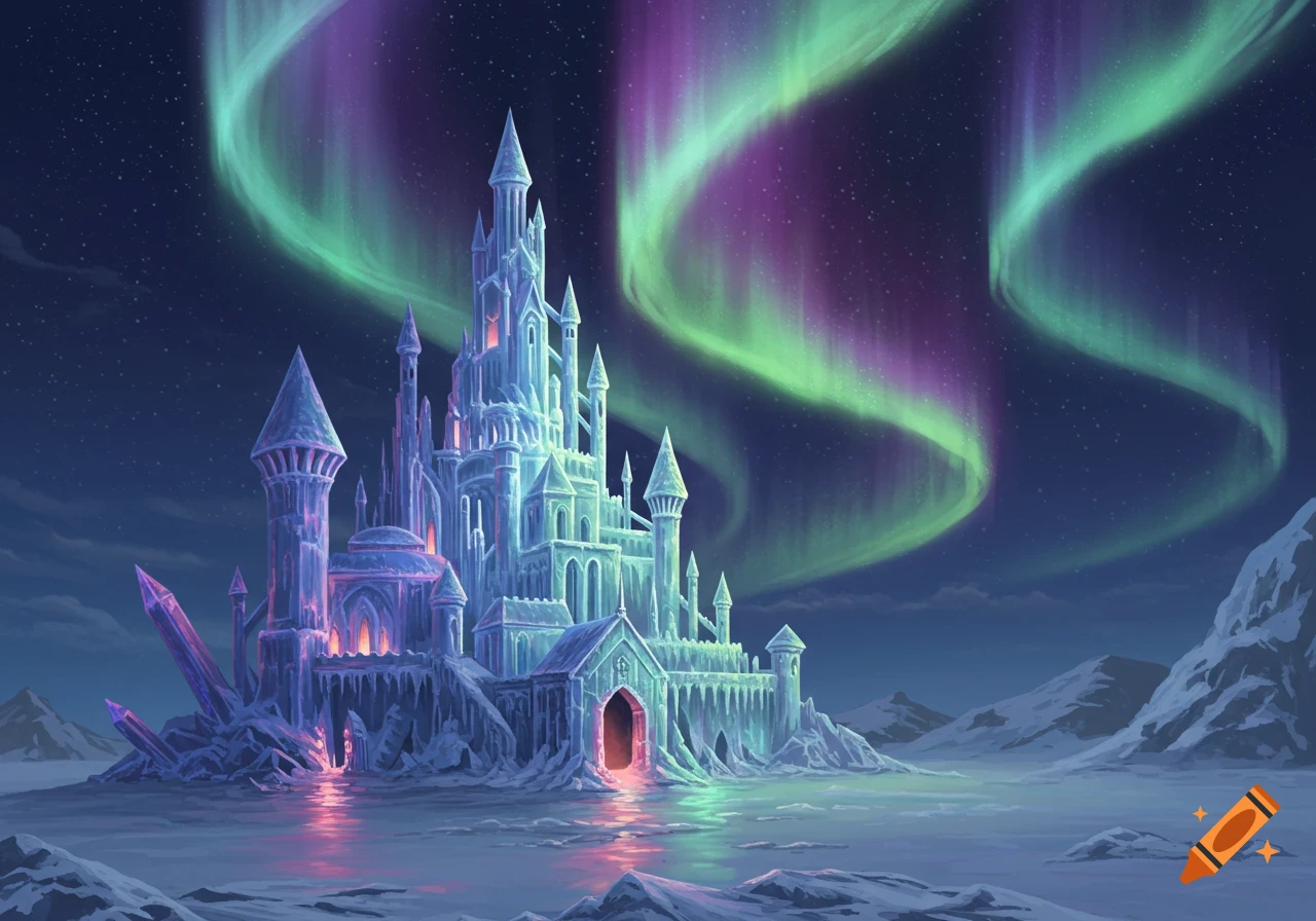 An ice castle under a vibrant green and purple aurora borealis in a snowy landscape.