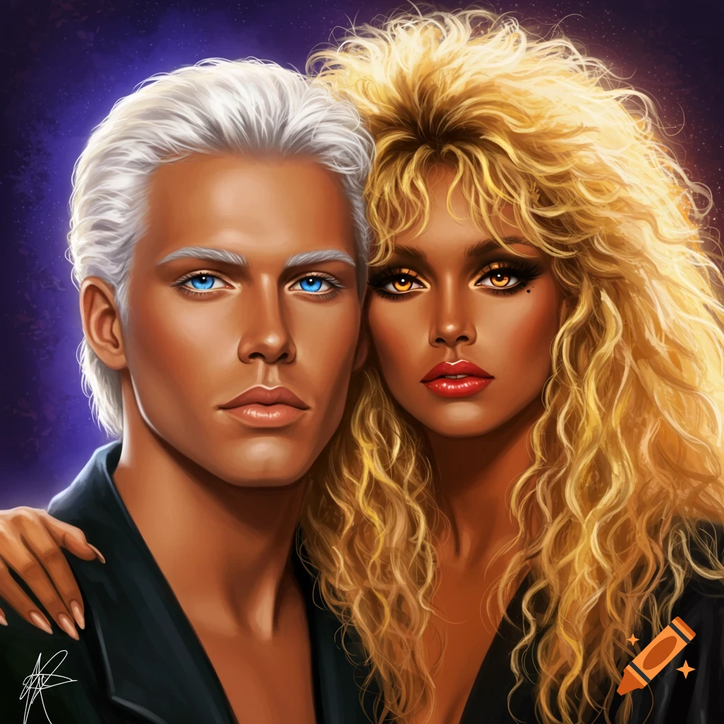 A man with white hair and blue eyes standing next to a woman with large blonde curls and orange eyes.