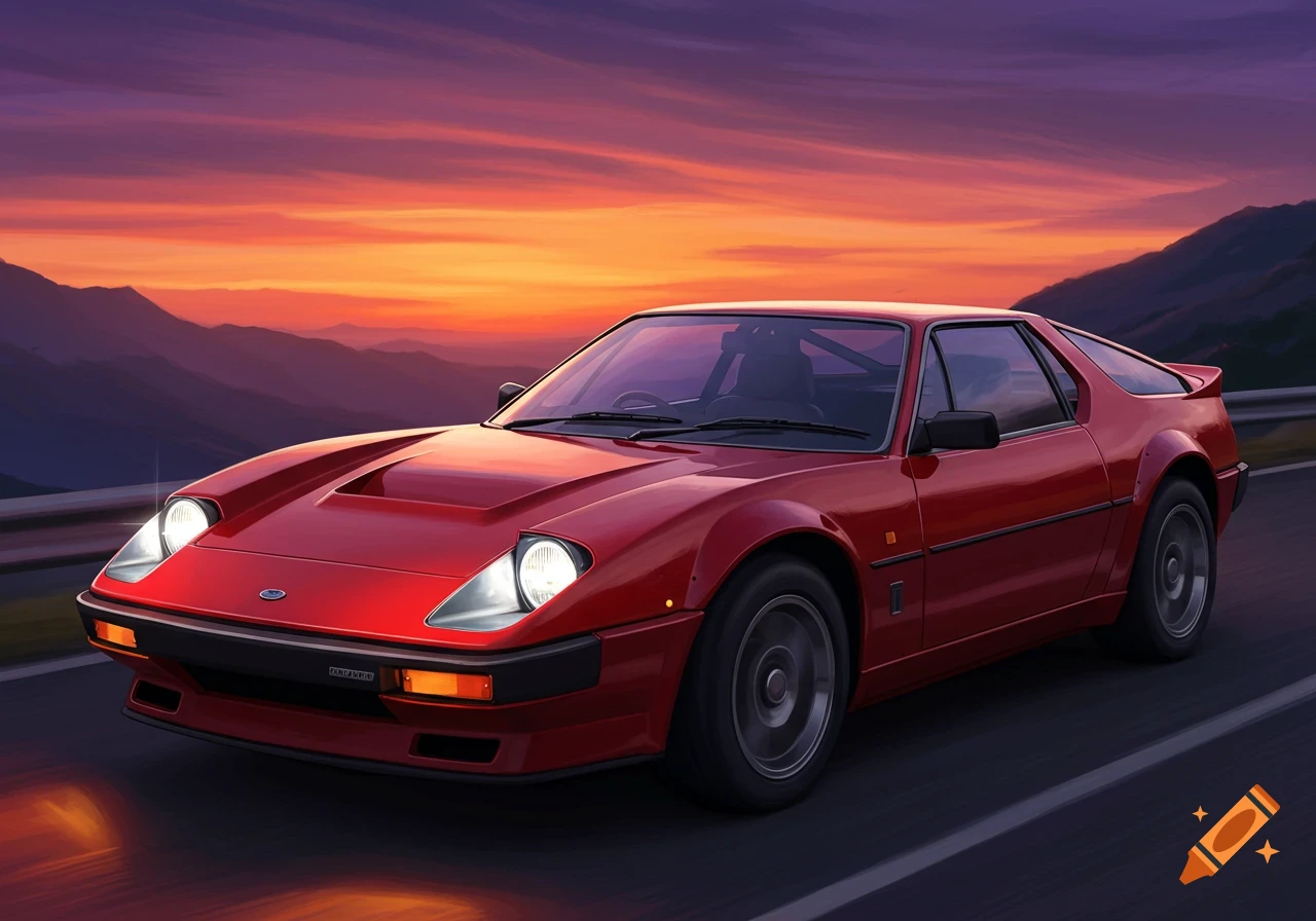 A red sports car drives on a road at sunset.
