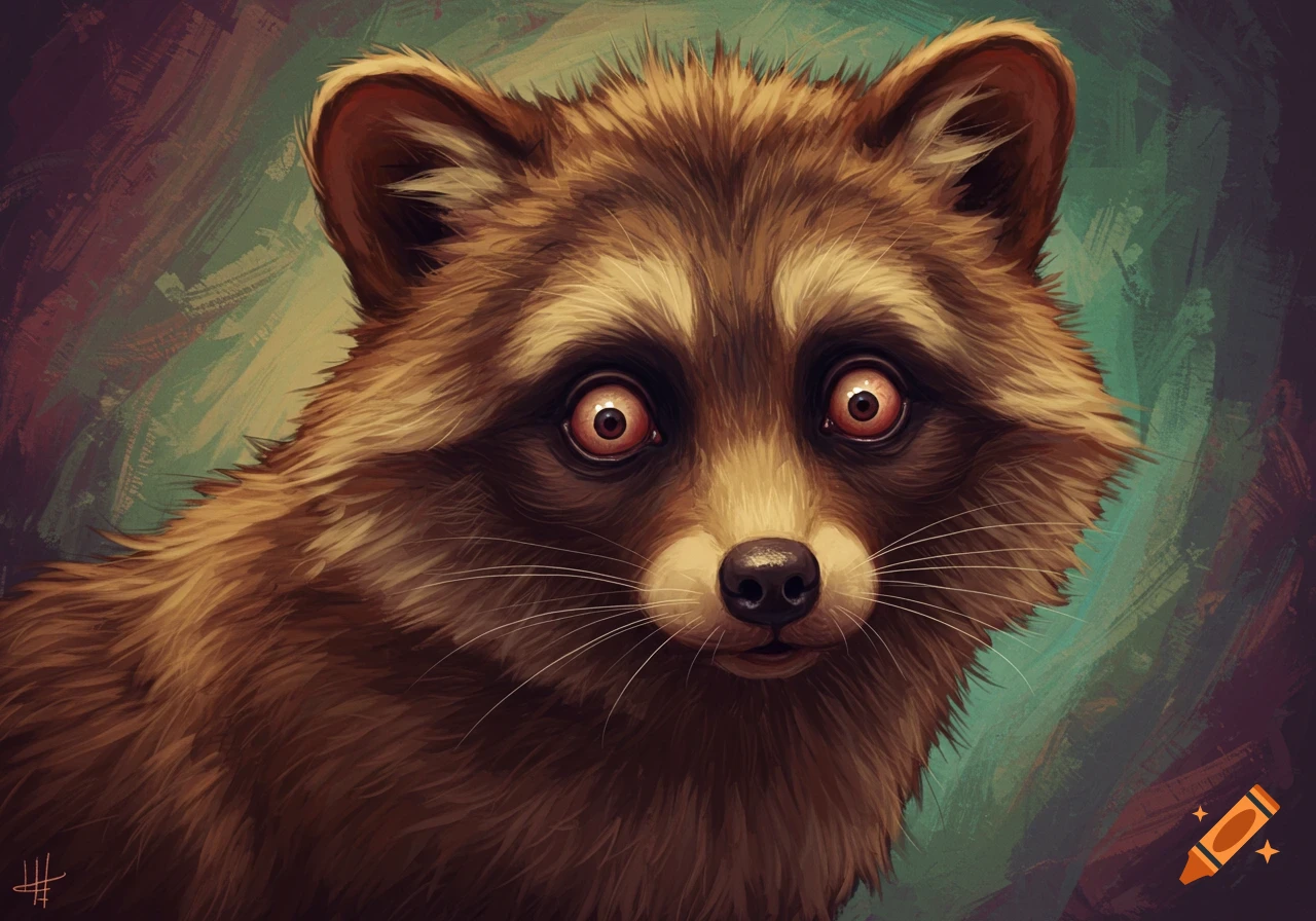Close-up digital painting of a raccoon with wide, reddish eyes and textured fur.