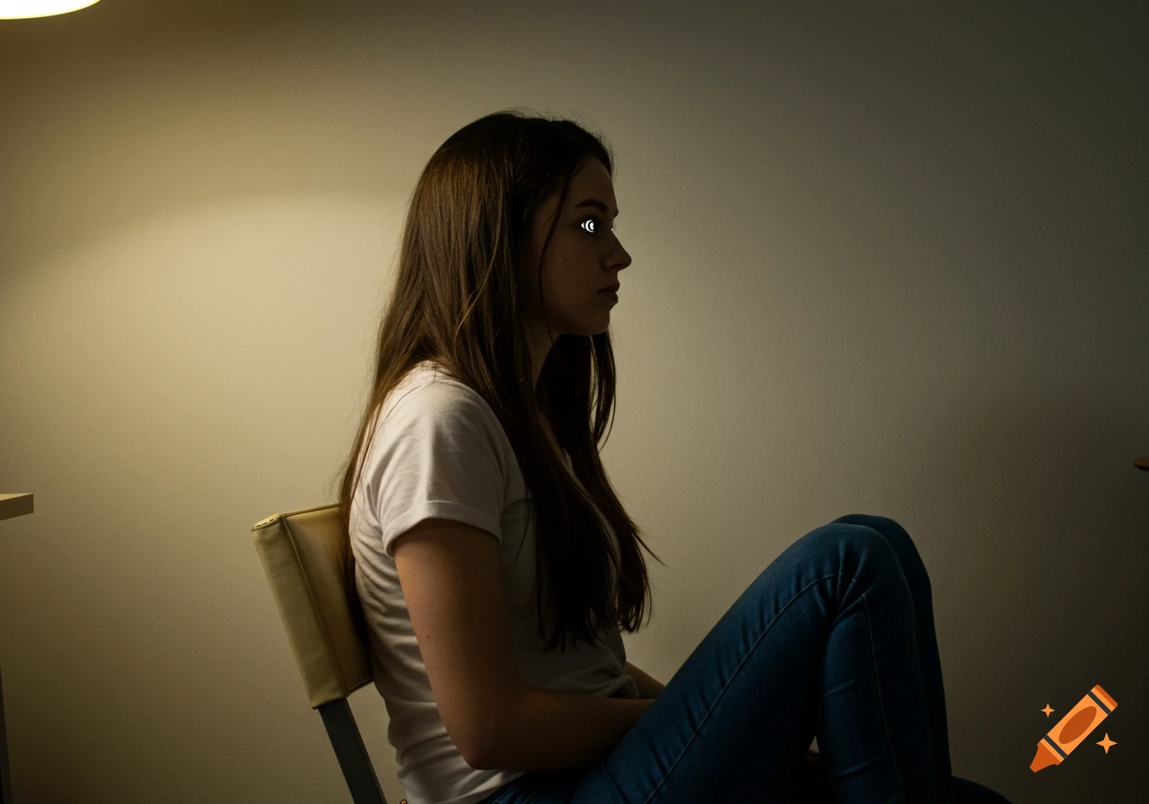 Profile of a woman with glowing eyes sitting in a dimly lit room