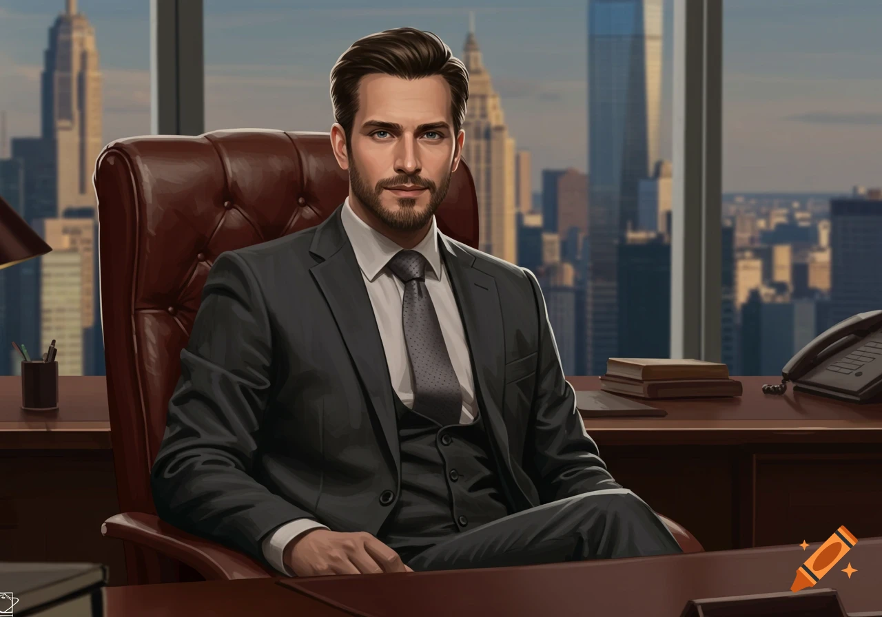 An illustration of a man in a suit sitting in an office chair with a city skyline visible through the window.