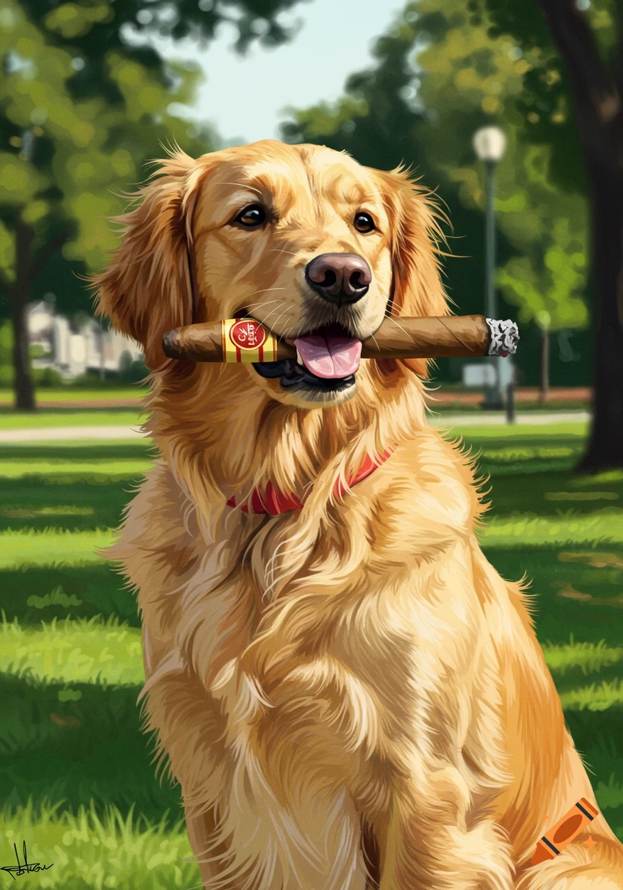 A golden retriever dog sitting in a park holding a cigar in its mouth, digital painting.