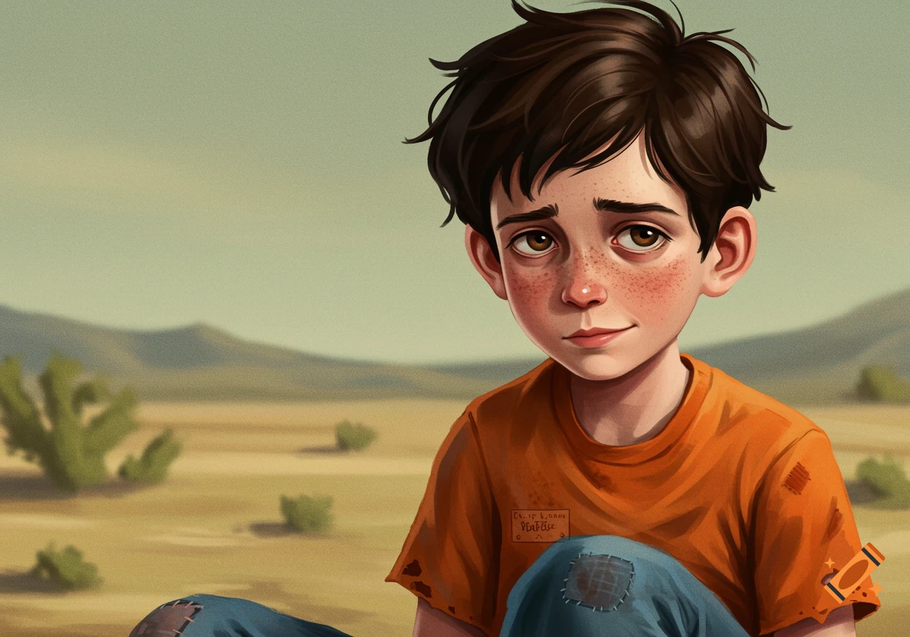 Cartoon portrait of a boy with freckles wearing an orange shirt in a desert.