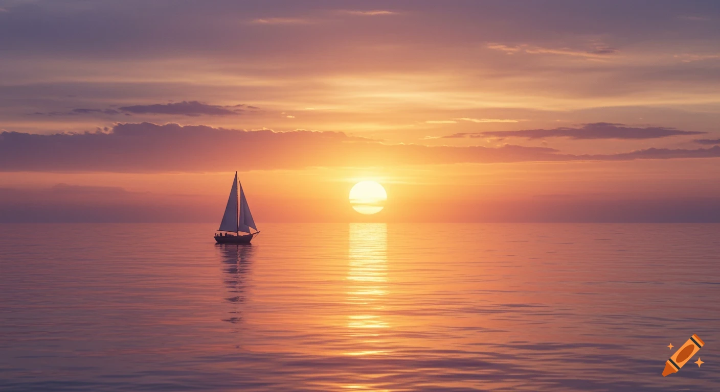 A sailboat on calm water at sunset with colorful sky.