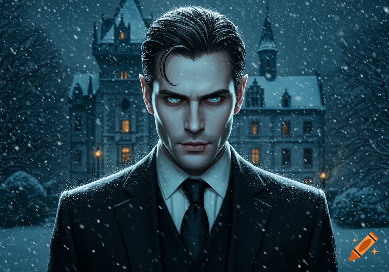 A digital painting of a pale-skinned vampire with glowing blue eyes and blood on his lip, wearing a black suit, standing in front of a snowy castle.