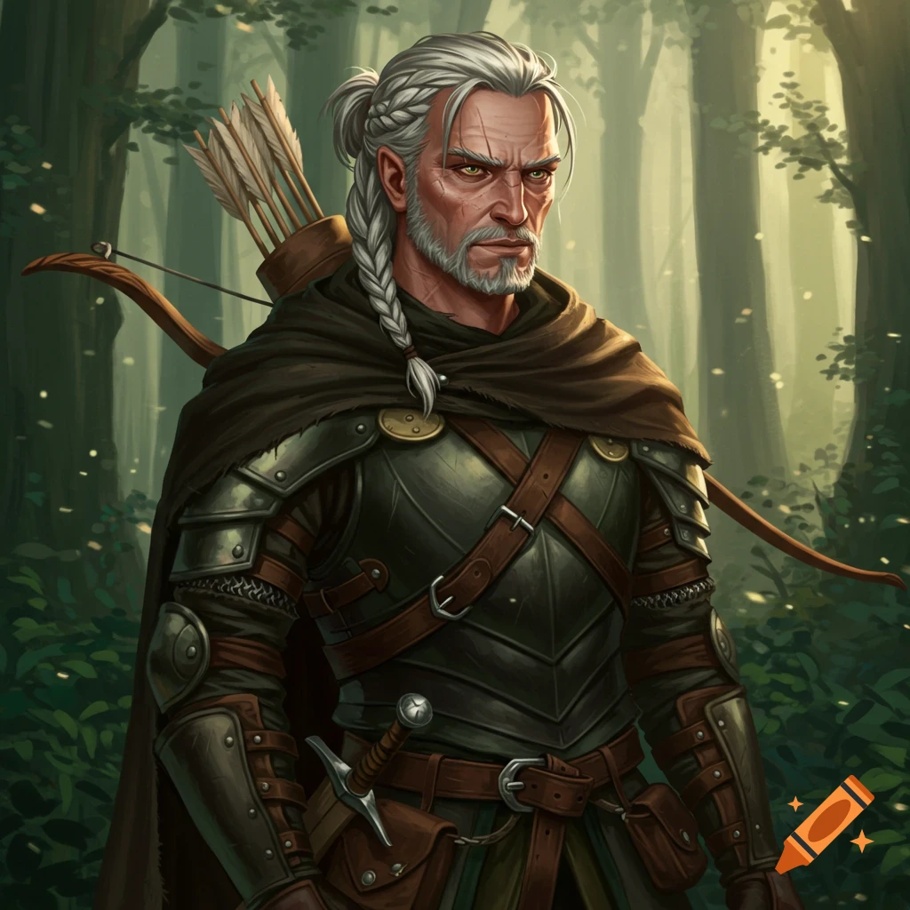 A man in fantasy armor with a bow and quiver in a forest.