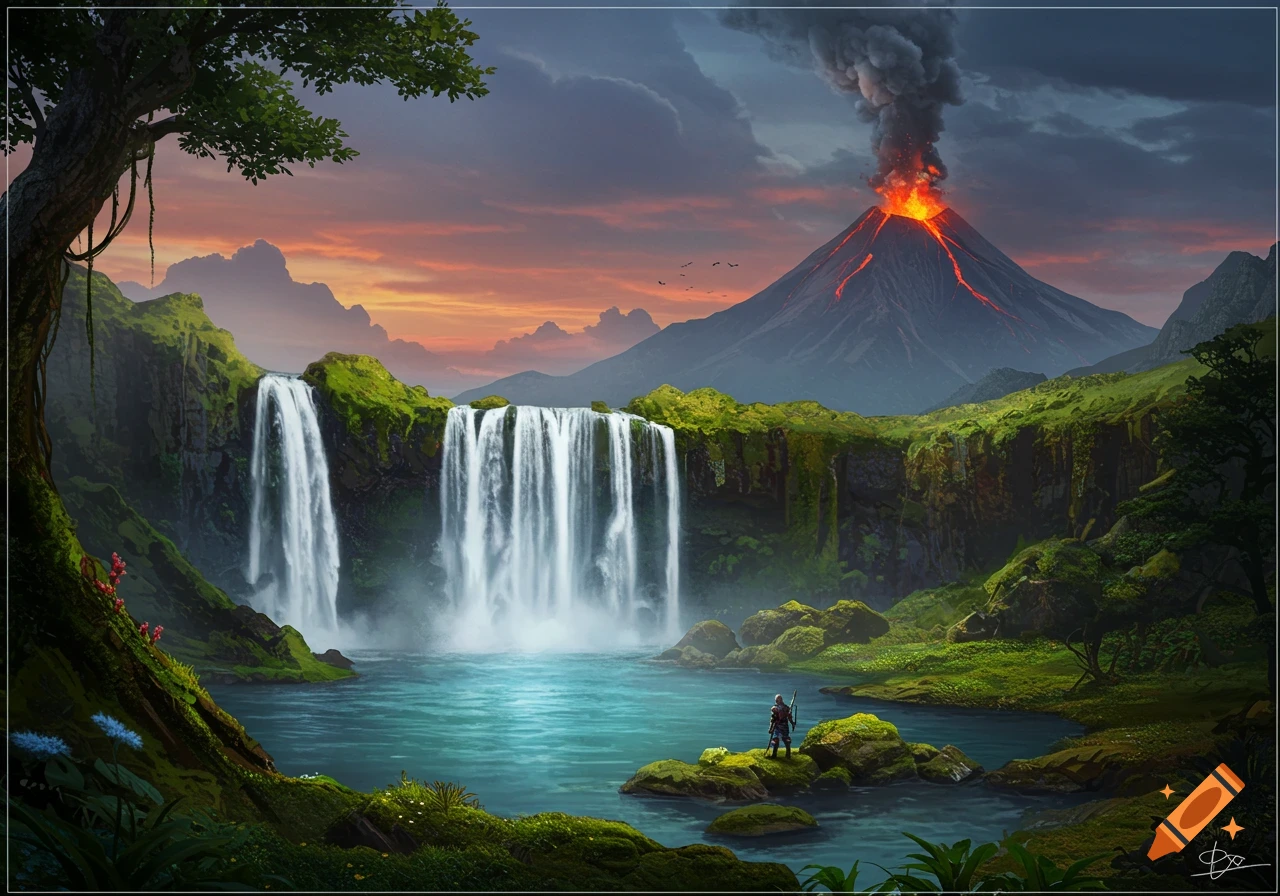 A fantasy landscape featuring a large waterfall cascading into a lake, with a smoking volcano in the distance under a dramatic sky. A lone figure stands on rocks by the lake.