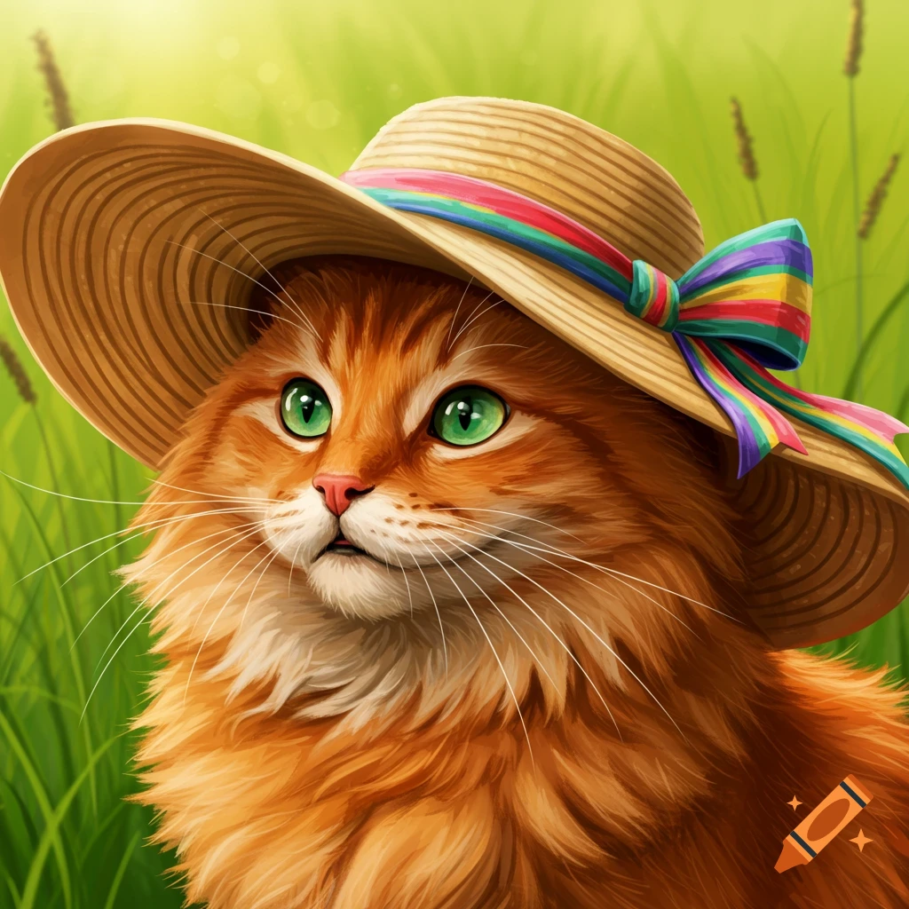 An orange cat wearing a straw hat with a rainbow ribbon bow in tall grass