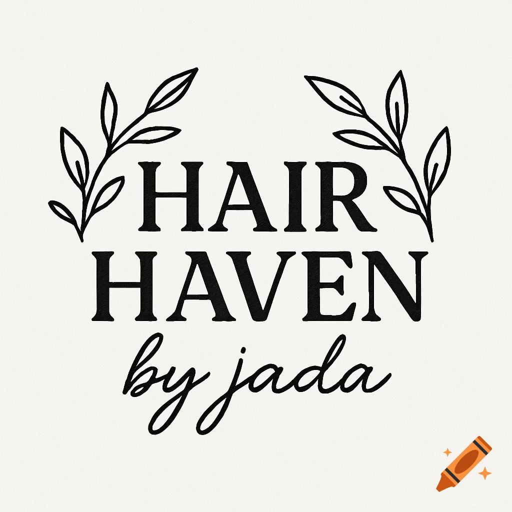 Black and white logo with text 'Hair Haven by Jada' and leaves