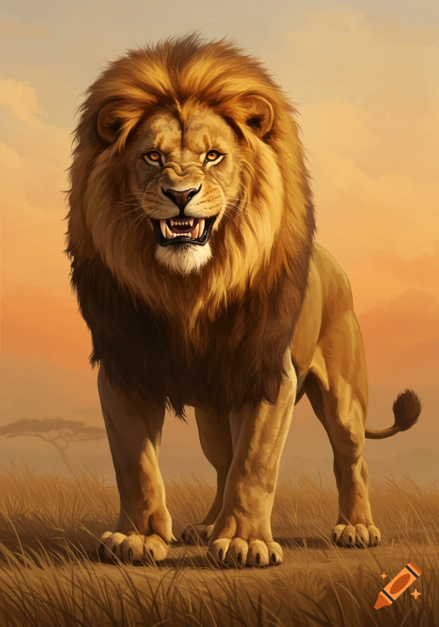 A fierce lion roaring in a savanna at sunset