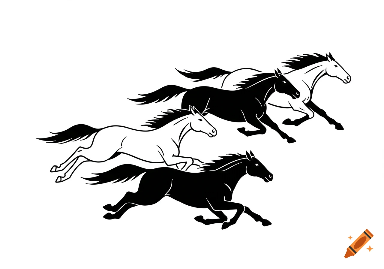 Four black and white clip art horses running.