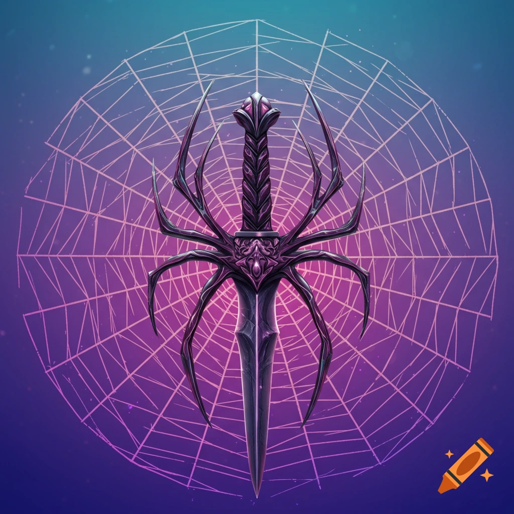A dark, spider-hilted sword is placed over a purple gradient background with a geometric spider web pattern.