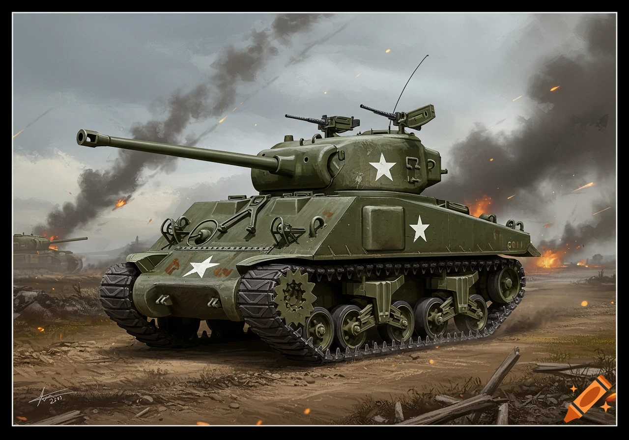 An M4 Sherman tank is in a battlefield setting with smoke and explosions.