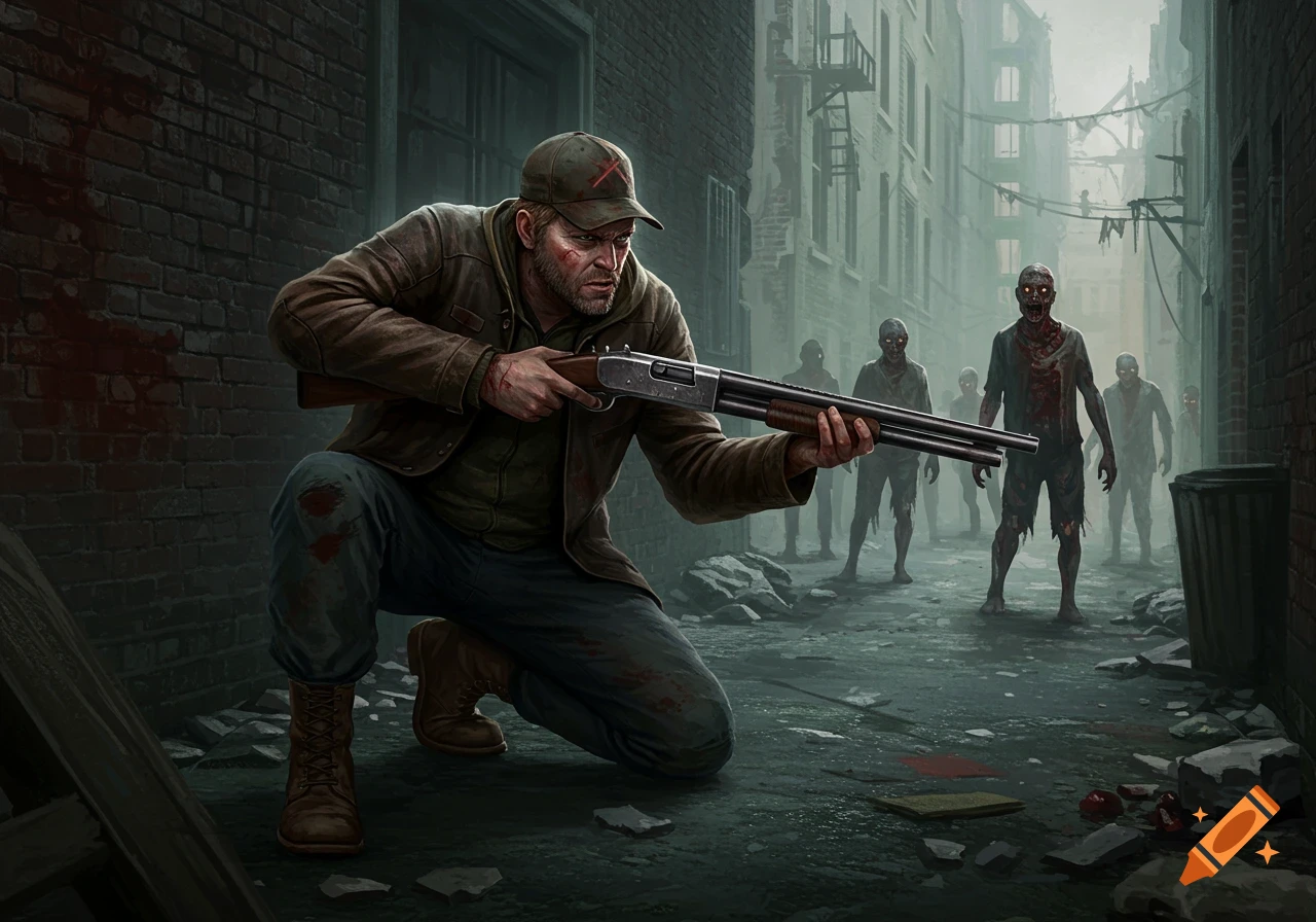 A man kneels with a shotgun, aiming at a horde of zombies in a ruined street.