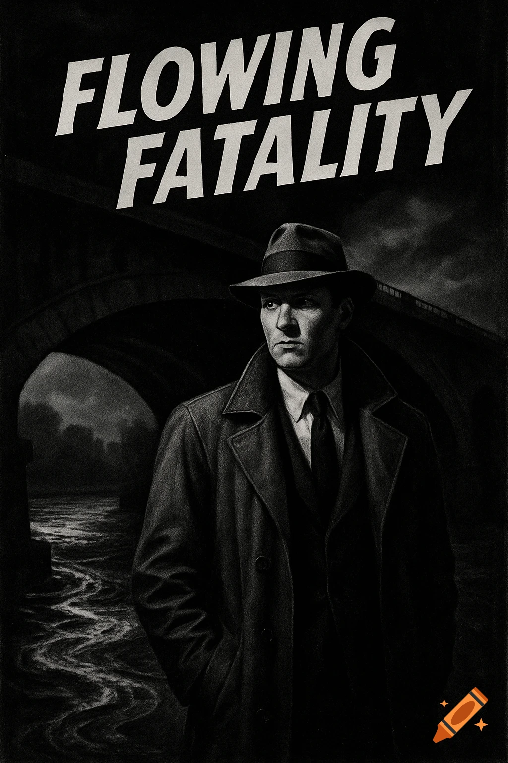 Film noir style poster titled "FLOWING FATALITY" showing a man in a hat and trench coat under a bridge.