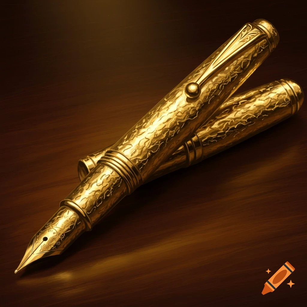 A detailed gold fountain pen rests on a wooden surface.