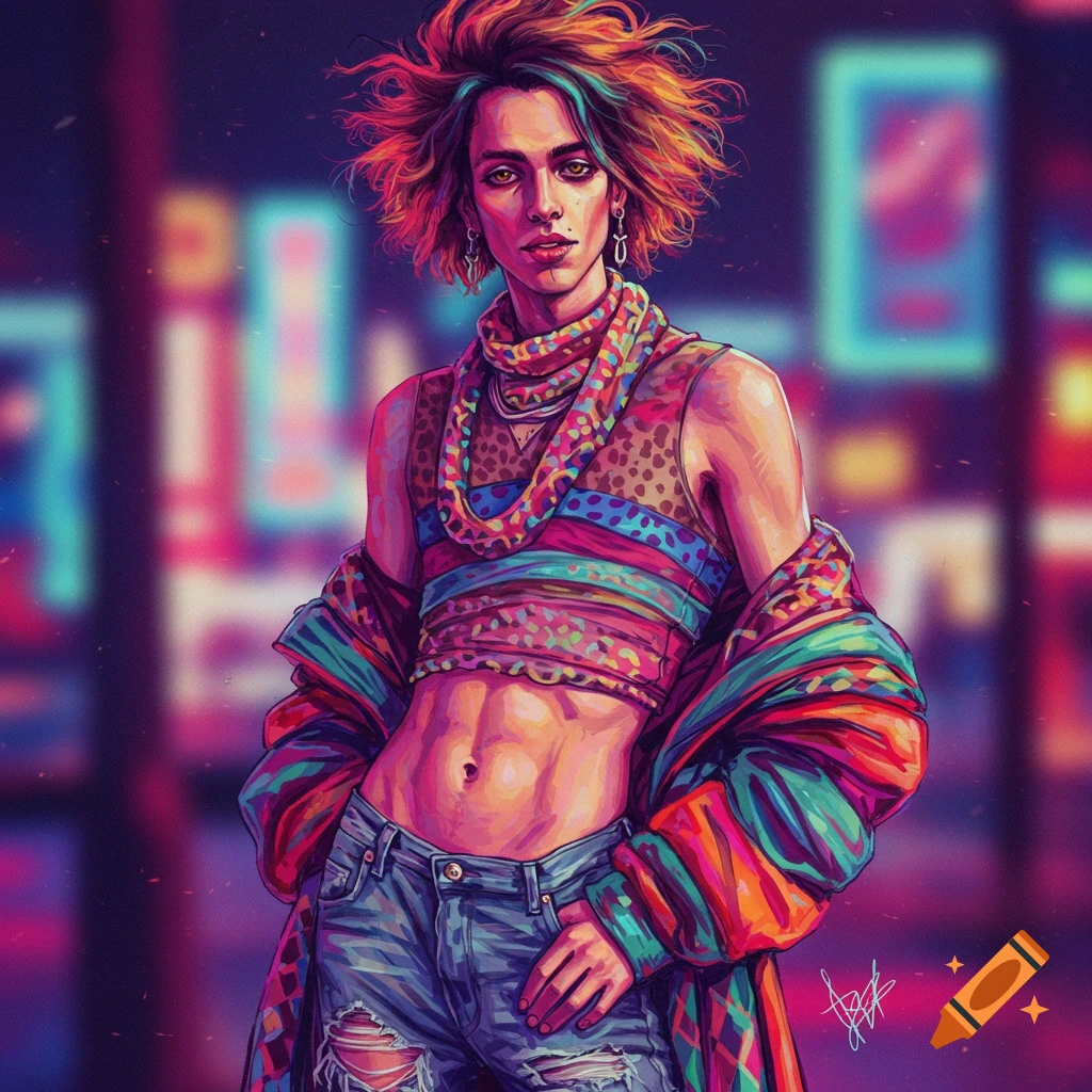 Androgynous person in colorful alternative fashion and ripped jeans stands against a blurry neon city background. Illustration style.