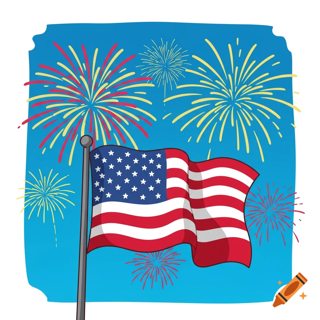 Cartoon American flag with fireworks exploding in a blue sky.