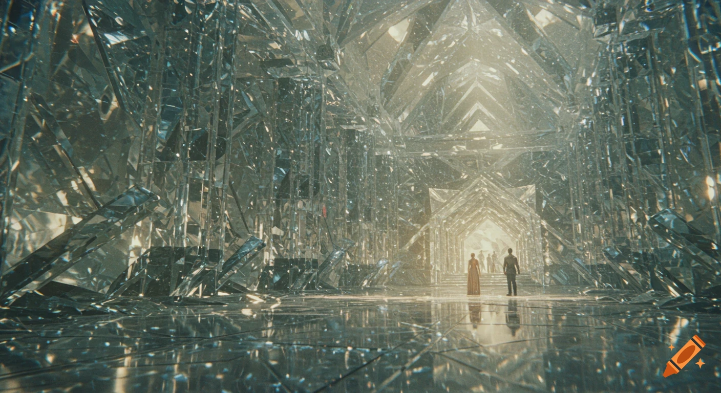 A grand crystal palace interior with two small figures standing in the distance looking towards a bright light.