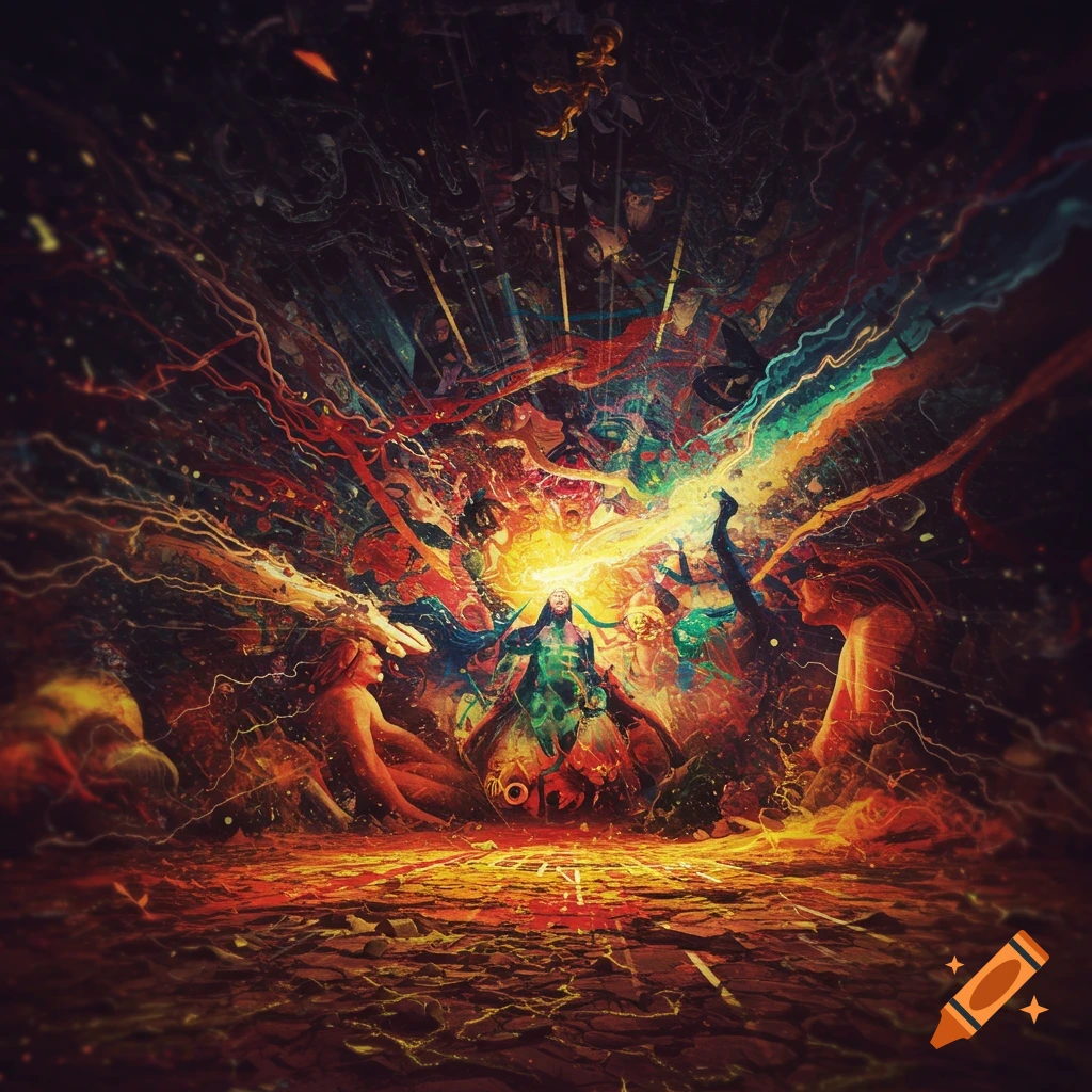 Abstract image showing glowing figures amidst vibrant energy tendrils in warm colors, a surreal landscape.