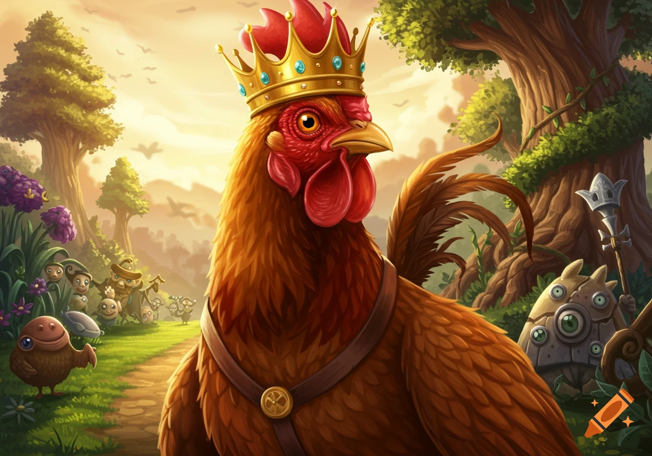 A majestic chicken wearing a golden crown walks on a forest path with small fantasy creatures. Digital painting.