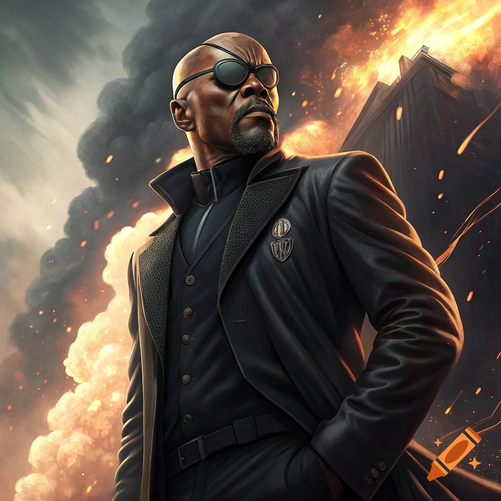 Man resembling Nick Fury in a suit stands before a large explosion.