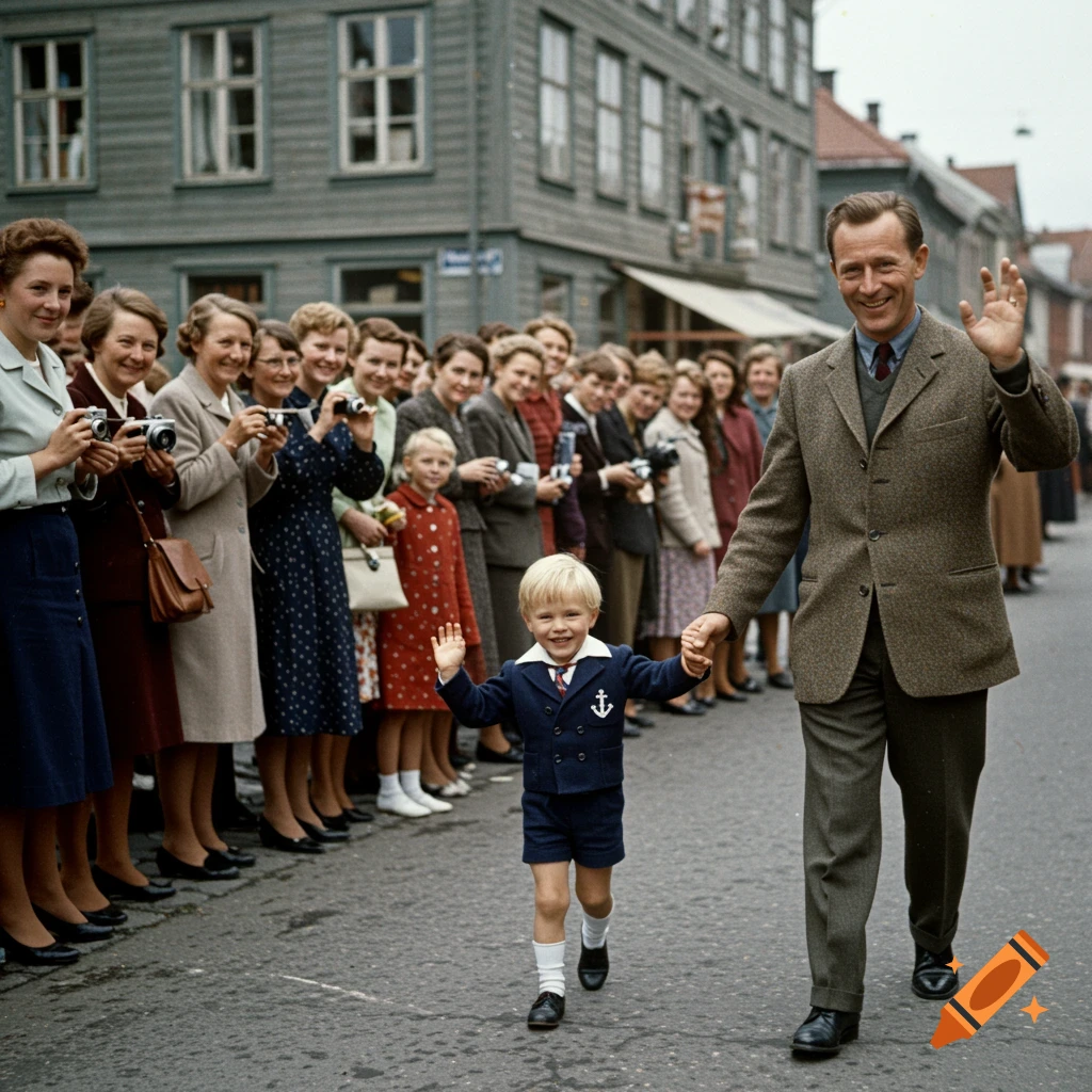 Man and child walk hand-in-hand waving at a crowd on a street, vintage photo style.